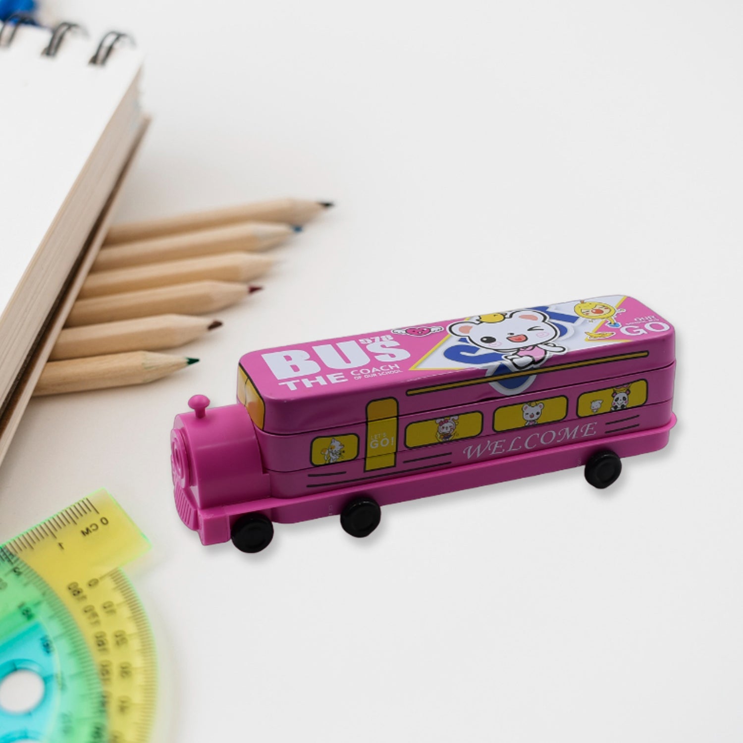 Magic bus pencil case with sharpener and compartments. Magic bus pencil case with sharpener and compartments.